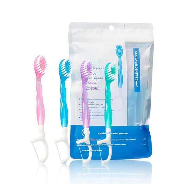 🎁Conjunto 5 em 1 de mini escova de dentes, fio dental, raspador de língua e palito