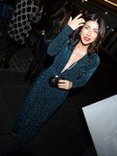 Vestido Maxi Deep V-Neck em Lurex Azul